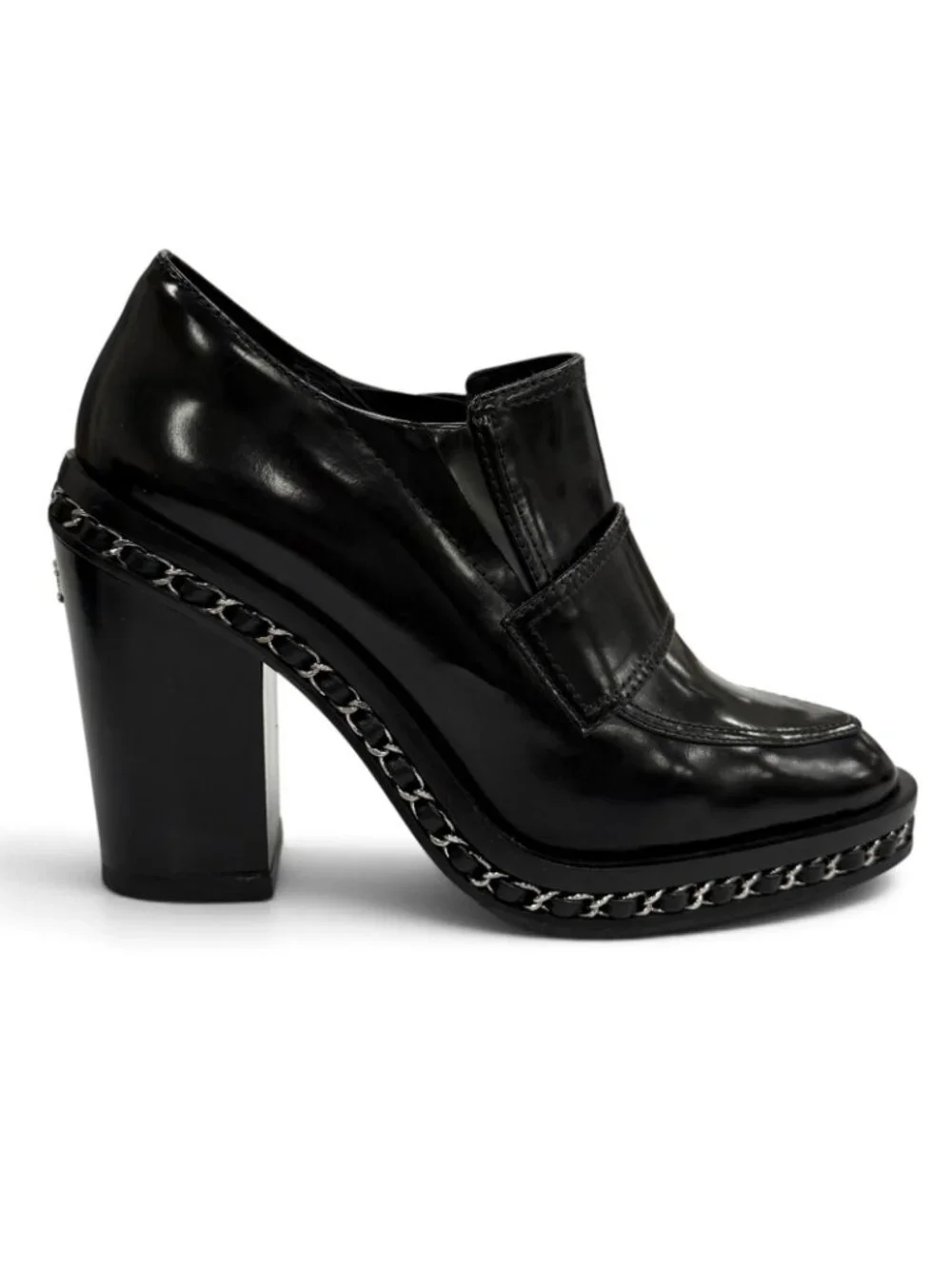 Chanel Leather Loafers Bootie with CC Logo Chain Black Silver 36.5 Boot